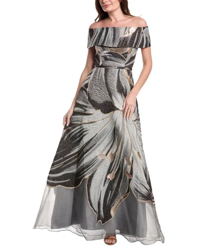 Teri Jon By Rickie Freeman Metallic Jacquard Off Shoulder A-line Floral Gown In Gray