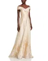Teri Jon By Rickie Freeman Metallic Jacquard Off-the-shoulder Gown In Champagne Gold