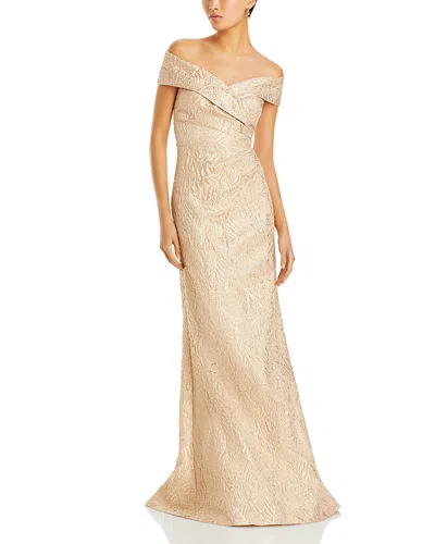 Teri Jon By Rickie Freeman Metallic Jacquard Off-the-shoulder Gown In Gold