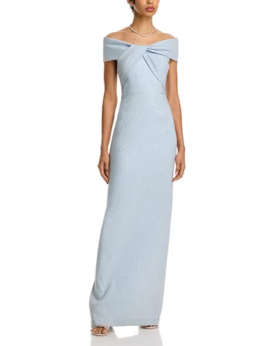 Teri Jon By Rickie Freeman Metallic Jacquard Off-the-shoulder Gown In Ice Blue
