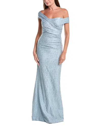 Teri Jon By Rickie Freeman Metallic Jacquard Off-shoulder Pleated Gown In Blue