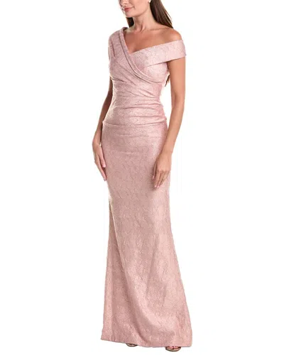 Teri Jon By Rickie Freeman Metallic Jacquard Off-shoulder Pleated Gown In Pink
