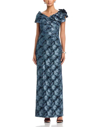 Teri Jon By Rickie Freeman Metallic Jacquard Off-the-shoulder Flower Gown In Blue