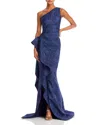 Teri Jon By Rickie Freeman Metallic Jacquard One Shoulder Gown In Black Blue