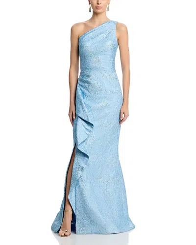 Teri Jon By Rickie Freeman Metallic Jacquard One Shoulder Gown In Blue