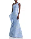 Teri Jon By Rickie Freeman Metallic Jacquard One Shoulder Gown In Light Blue Silver