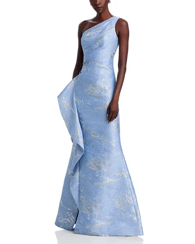 Teri Jon By Rickie Freeman Metallic Jacquard One Shoulder Gown In Light Blue Silver