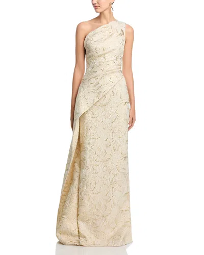 Teri Jon By Rickie Freeman Metallic Jacquard One Shoulder Gown In Neutral