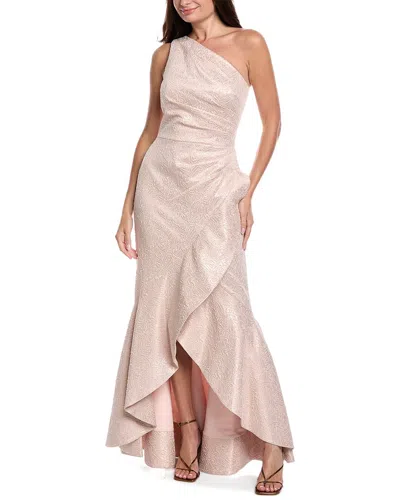 Teri Jon By Rickie Freeman Metallic Jacquard One-shoulder Gown In Pink