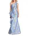 Teri Jon By Rickie Freeman Metallic Jacquard One-shoulder Gown In Sky Blue