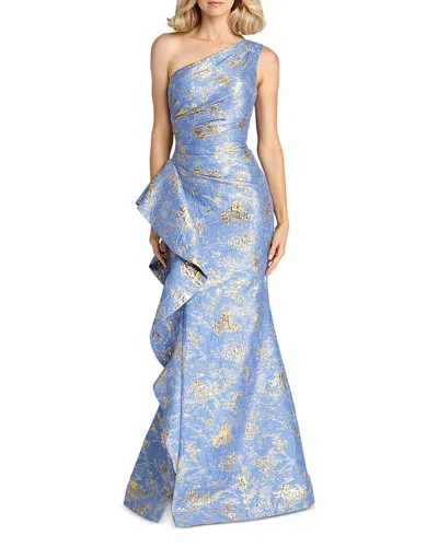 Teri Jon By Rickie Freeman Metallic Jacquard One-shoulder Gown In Sky Blue