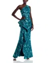Teri Jon By Rickie Freeman Metallic Jacquard One-shoulder Gown In Teal