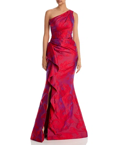 Teri Jon By Rickie Freeman Metallic Jacquard One-shoulder Gown In Red