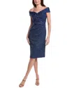 Teri Jon By Rickie Freeman Metallic Jacquard Portrait Side Ruched Dress In Blue