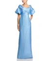 Teri Jon By Rickie Freeman Metallic Jacquard Puff Sleeve Gown In Blue