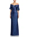 Teri Jon By Rickie Freeman Metallic Jacquard Puff Sleeve Gown In Blue
