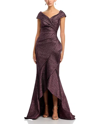 Teri Jon By Rickie Freeman Metallic Jacquard Ruffle Gown In Purple