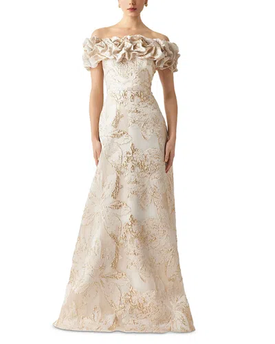 Teri Jon By Rickie Freeman Metallic Jacquard Scrunch Bodice Gown In White