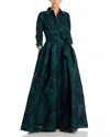 Teri Jon By Rickie Freeman Three-quarter Sleeve Metallic Jacquard Shirt Waist Gown In Emerald