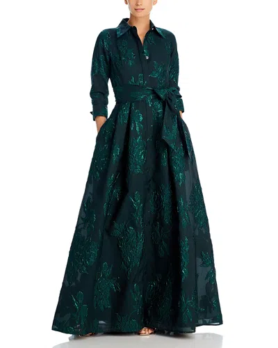 Teri Jon By Rickie Freeman Metallic Jacquard Shirt Dress Gown In Green