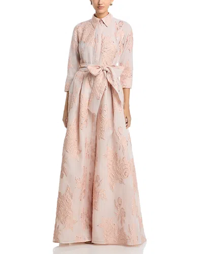 Teri Jon By Rickie Freeman Metallic Jacquard Shirt Dress Gown In Pink