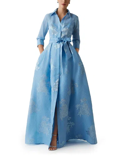 Teri Jon By Rickie Freeman Metallic Jacquard Shirt Waist Gown In Blue