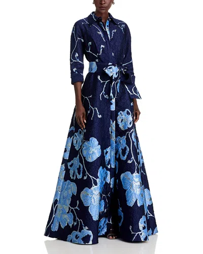 Teri Jon By Rickie Freeman Metallic Jacquard Shirtwaist Gown In Blue