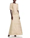 Teri Jon By Rickie Freeman Metallic Jacquard Short Sleeve Gown In Neutral