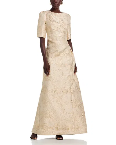 Teri Jon By Rickie Freeman Metallic Jacquard Short Sleeve Gown In Neutral