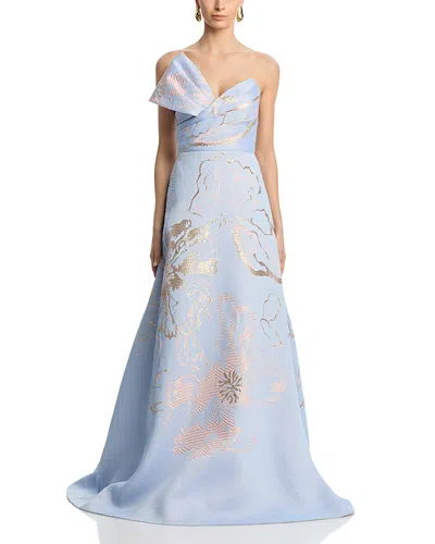 Teri Jon By Rickie Freeman Metallic Jacquard Side Bow Gown In Blue