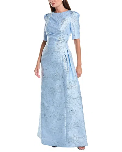 Teri Jon By Rickie Freeman Metallic Jacquard Side Drape Gown In Blue
