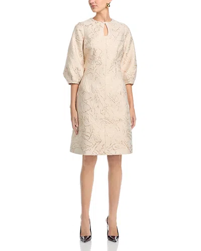 Teri Jon By Rickie Freeman Metallic Jacquard Three Quarter Sleeve Dress In Neutral