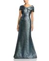 Teri Jon By Rickie Freeman Metallic Jacquard Twist Bodice Off-the-shoulder Gown In Gray