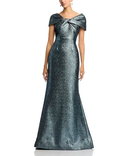 Teri Jon By Rickie Freeman Metallic Jacquard Twist Bodice Off-the-shoulder Gown In Grey