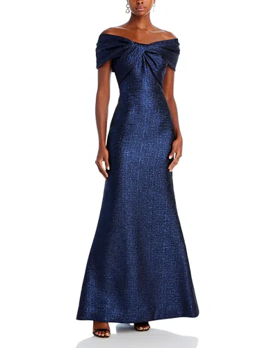Teri Jon By Rickie Freeman Off-the-shoulder Twist Gown In Sapphire