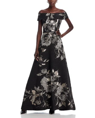 Teri Jon By Rickie Freeman Metallic Off-the-shoulder Gown In Black Metallic