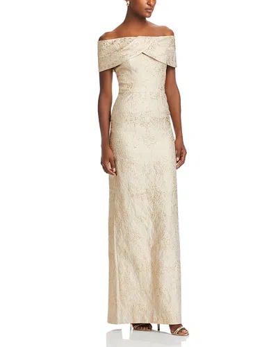 Teri Jon By Rickie Freeman Metallic Off-the-shoulder Jacquard Gown In Neutral