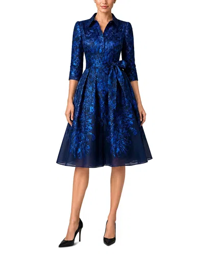Teri Jon By Rickie Freeman Metallic Organza Jacquard Shirtwaist Dress In Blue