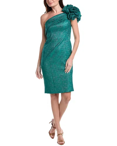 Teri Jon By Rickie Freeman Metallic Pebble Jacquard One- Shoulder Flower Ruffle Dress In Green