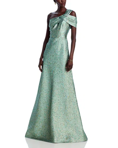 Teri Jon By Rickie Freeman Metallic Textured Gown In Mint Gold