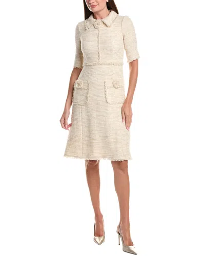Teri Jon By Rickie Freeman Metallic Tweed Shirt Collar Frayed Trim Dress In Neutral