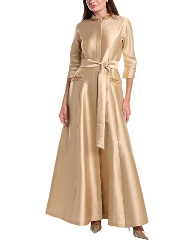 Teri Jon By Rickie Freeman Mikado Bead Collar Pocket Silk-blend Shirt Gown In Neutral