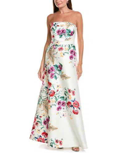 Teri Jon By Rickie Freeman Mikado Floral Print Strapless Full Gown In White