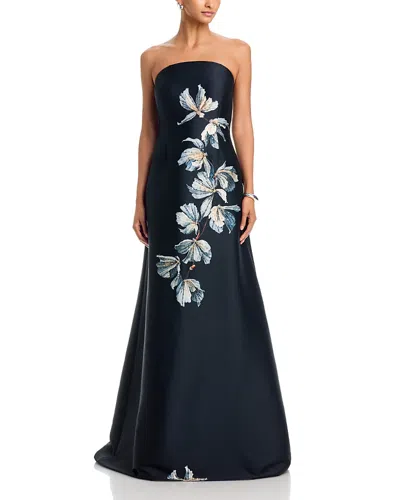 Teri Jon By Rickie Freeman Mikado Strapless Bed Floral Motif Gown In Blue