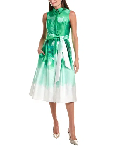 Teri Jon By Rickie Freeman Mikado Watercolor Print Shirtdress In Green