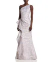 Teri Jon By Rickie Freeman Off Shoulder Side Ruched Gown In Lavender Multi