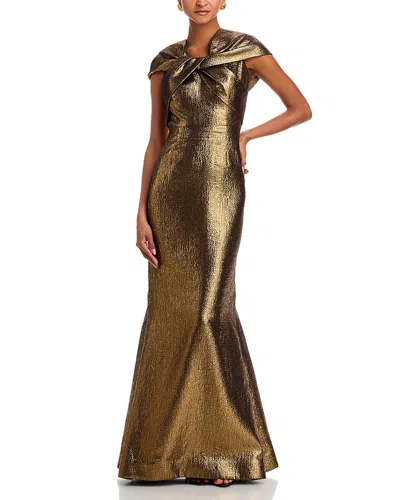 Teri Jon By Rickie Freeman Off Shoulder Twist Metallic Jacquard Gown In Brown