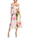 Teri Jon By Rickie Freeman Off-the-shoulder Cotton Dress With Beaded Flower Waist In Multi