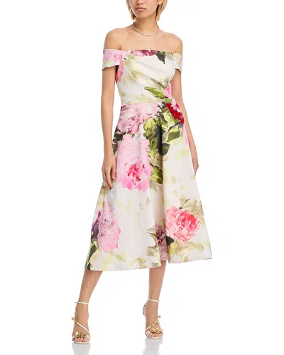 Teri Jon By Rickie Freeman Off-the-shoulder Cotton Dress With Beaded Flower Waist In Multi