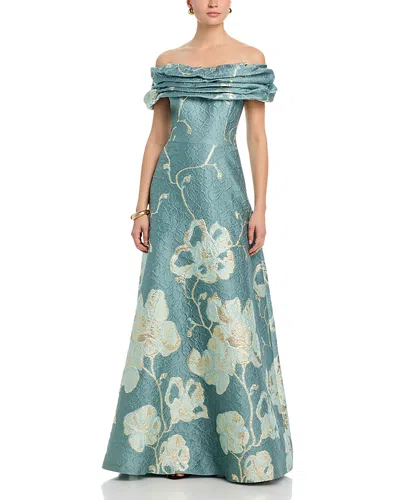 Teri Jon By Rickie Freeman Off The Shoulder Jacquard Gown In Green
